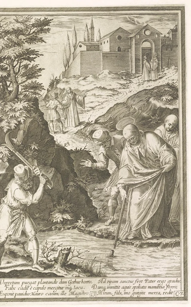 An illustration from Vita et miracvla sanctiss.mi patris Benedicti : ex libro ii dialogorum beati Gregorii papae et monachi collecta : et ad instantiam deuotorum monachorum congregationis eiusdem s.ti Benedicti Hispaniarum aeneis tÿpis accuratissimè delineata, 1579, leaf 28