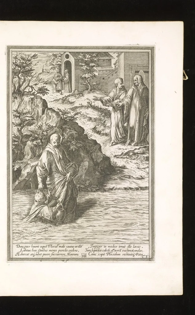 An illustration from Vita et miracvla sanctiss.mi patris Benedicti : ex libro ii dialogorum beati Gregorii papae et monachi collecta : et ad instantiam deuotorum monachorum congregationis eiusdem s.ti Benedicti Hispaniarum aeneis tÿpis accuratissimè delineata, 1579, leaf 30