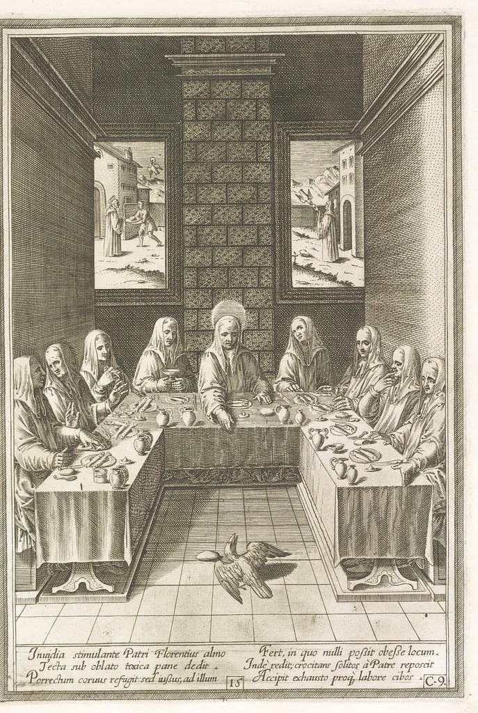 An illustration from Vita et miracvla sanctiss.mi patris Benedicti : ex libro ii dialogorum beati Gregorii papae et monachi collecta : et ad instantiam deuotorum monachorum congregationis eiusdem s.ti Benedicti Hispaniarum aeneis tÿpis accuratissimè delineata, 1579, leaf 32