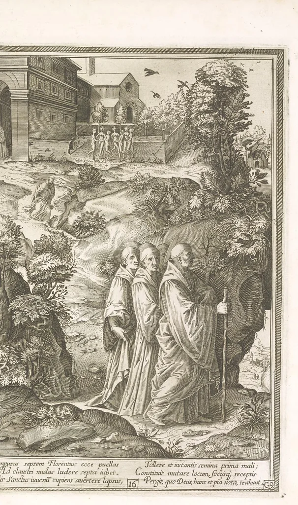 An illustration from Vita et miracvla sanctiss.mi patris Benedicti : ex libro ii dialogorum beati Gregorii papae et monachi collecta : et ad instantiam deuotorum monachorum congregationis eiusdem s.ti Benedicti Hispaniarum aeneis tÿpis accuratissimè delineata, 1579, leaf 34