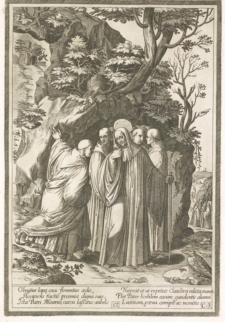 An illustration from Vita et miracvla sanctiss.mi patris Benedicti : ex libro ii dialogorum beati Gregorii papae et monachi collecta : et ad instantiam deuotorum monachorum congregationis eiusdem s.ti Benedicti Hispaniarum aeneis tÿpis accuratissimè delineata, 1579, leaf 36