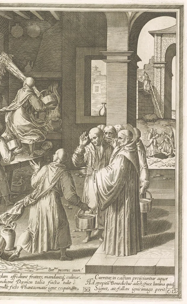 An illustration from Vita et miracvla sanctiss.mi patris Benedicti : ex libro ii dialogorum beati Gregorii papae et monachi collecta : et ad instantiam deuotorum monachorum congregationis eiusdem s.ti Benedicti Hispaniarum aeneis tÿpis accuratissimè delineata, 1579, leaf 42