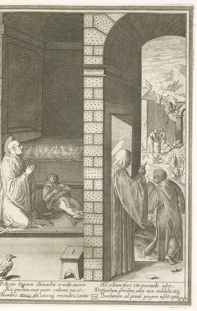 An illustration from Vita et miracvla sanctiss.mi patris Benedicti : ex libro ii dialogorum beati Gregorii papae et monachi collecta : et ad instantiam deuotorum monachorum congregationis eiusdem s.ti Benedicti Hispaniarum aeneis tÿpis accuratissimè delineata, 1579, leaf 44