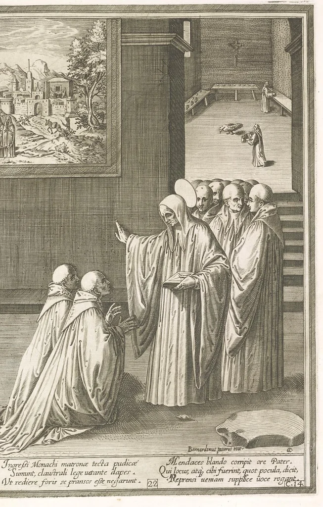 An illustration from Vita et miracvla sanctiss.mi patris Benedicti : ex libro ii dialogorum beati Gregorii papae et monachi collecta : et ad instantiam deuotorum monachorum congregationis eiusdem s.ti Benedicti Hispaniarum aeneis tÿpis accuratissimè delineata, 1579, leaf 46