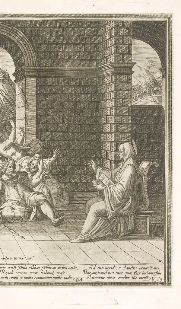 An illustration from Vita et miracvla sanctiss.mi patris Benedicti : ex libro ii dialogorum beati Gregorii papae et monachi collecta : et ad instantiam deuotorum monachorum congregationis eiusdem s.ti Benedicti Hispaniarum aeneis tÿpis accuratissimè delineata, 1579, leaf 50