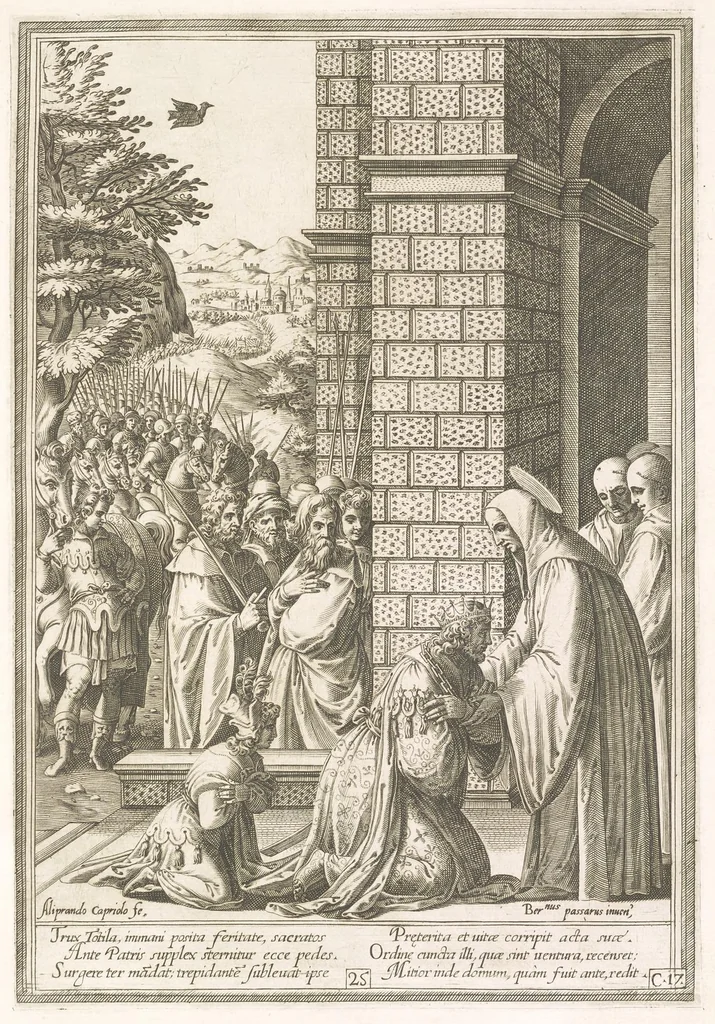 An illustration from Vita et miracvla sanctiss.mi patris Benedicti : ex libro ii dialogorum beati Gregorii papae et monachi collecta : et ad instantiam deuotorum monachorum congregationis eiusdem s.ti Benedicti Hispaniarum aeneis tÿpis accuratissimè delineata, 1579, leaf 52