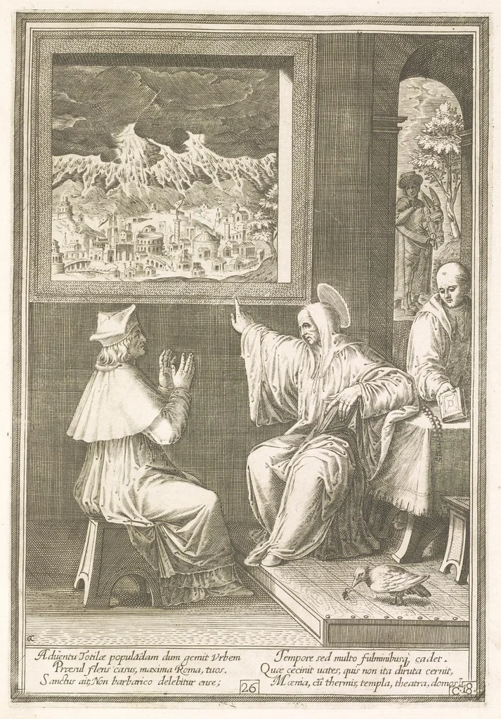 An illustration from Vita et miracvla sanctiss.mi patris Benedicti : ex libro ii dialogorum beati Gregorii papae et monachi collecta : et ad instantiam deuotorum monachorum congregationis eiusdem s.ti Benedicti Hispaniarum aeneis tÿpis accuratissimè delineata, 1579, leaf 54