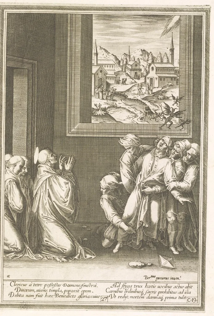 An illustration from Vita et miracvla sanctiss.mi patris Benedicti : ex libro ii dialogorum beati Gregorii papae et monachi collecta : et ad instantiam deuotorum monachorum congregationis eiusdem s.ti Benedicti Hispaniarum aeneis tÿpis accuratissimè delineata, 1579, leaf 56