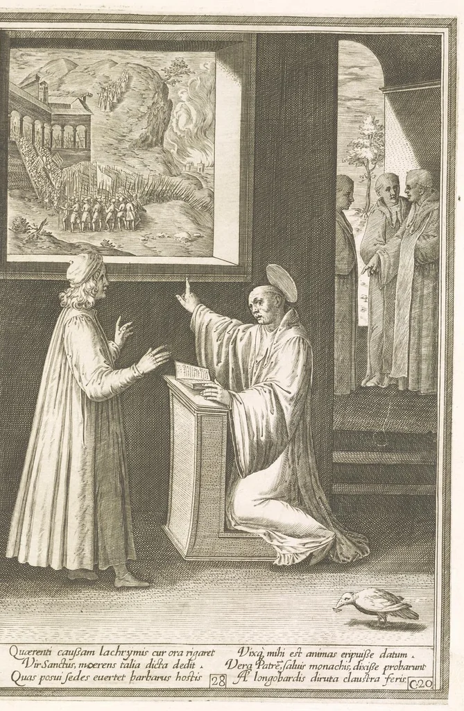 An illustration from Vita et miracvla sanctiss.mi patris Benedicti : ex libro ii dialogorum beati Gregorii papae et monachi collecta : et ad instantiam deuotorum monachorum congregationis eiusdem s.ti Benedicti Hispaniarum aeneis tÿpis accuratissimè delineata, 1579, leaf 58