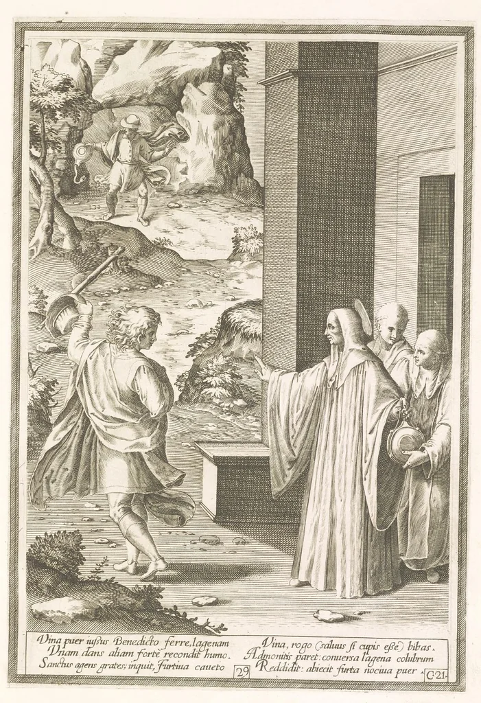An illustration from Vita et miracvla sanctiss.mi patris Benedicti : ex libro ii dialogorum beati Gregorii papae et monachi collecta : et ad instantiam deuotorum monachorum congregationis eiusdem s.ti Benedicti Hispaniarum aeneis tÿpis accuratissimè delineata, 1579, leaf 60