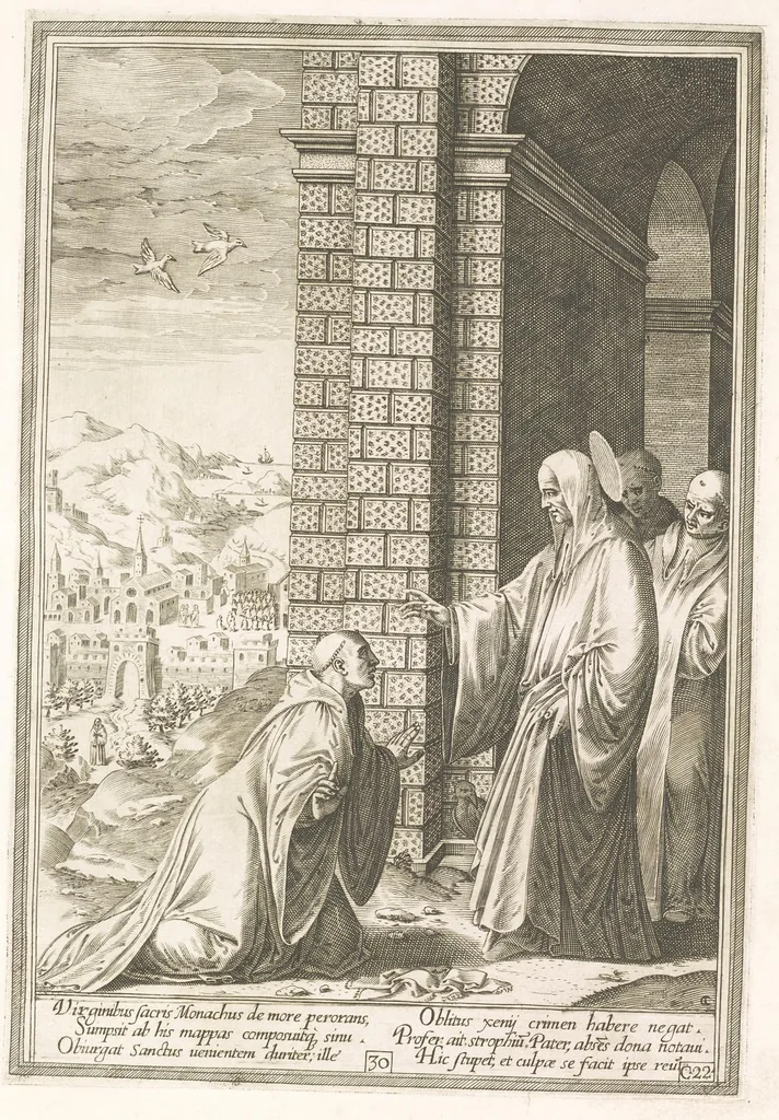 An illustration from Vita et miracvla sanctiss.mi patris Benedicti : ex libro ii dialogorum beati Gregorii papae et monachi collecta : et ad instantiam deuotorum monachorum congregationis eiusdem s.ti Benedicti Hispaniarum aeneis tÿpis accuratissimè delineata, 1579, leaf 62