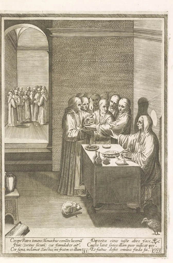 An illustration from Vita et miracvla sanctiss.mi patris Benedicti : ex libro ii dialogorum beati Gregorii papae et monachi collecta : et ad instantiam deuotorum monachorum congregationis eiusdem s.ti Benedicti Hispaniarum aeneis tÿpis accuratissimè delineata, 1579, leaf 64