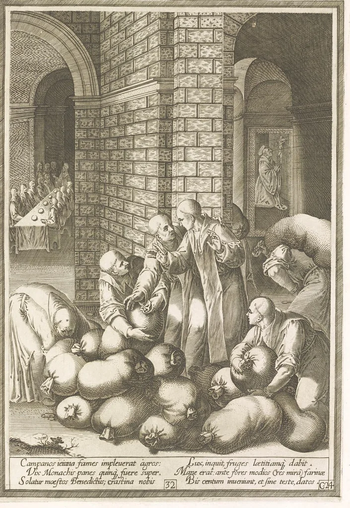 An illustration from Vita et miracvla sanctiss.mi patris Benedicti : ex libro ii dialogorum beati Gregorii papae et monachi collecta : et ad instantiam deuotorum monachorum congregationis eiusdem s.ti Benedicti Hispaniarum aeneis tÿpis accuratissimè delineata, 1579, leaf 66