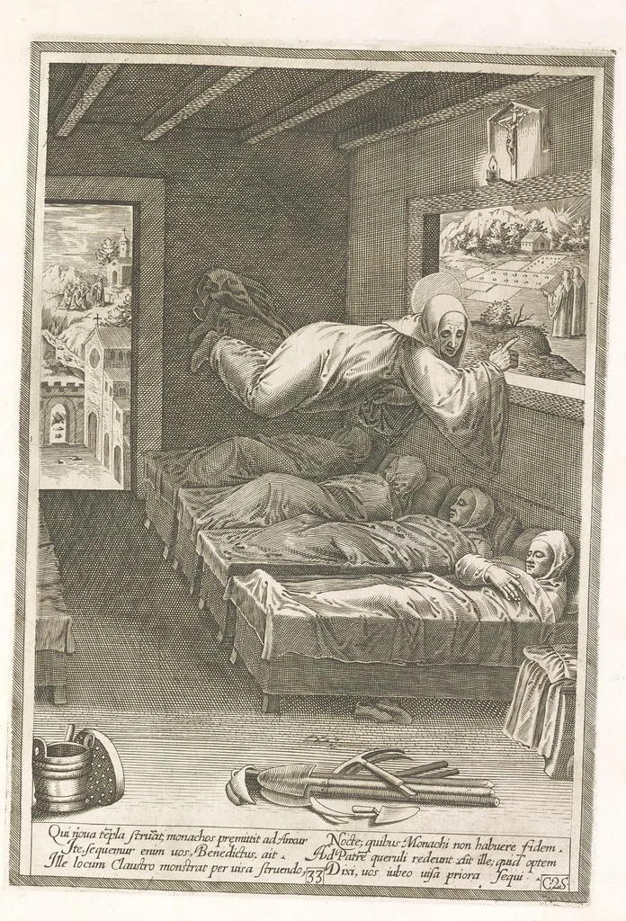 An illustration from Vita et miracvla sanctiss.mi patris Benedicti : ex libro ii dialogorum beati Gregorii papae et monachi collecta : et ad instantiam deuotorum monachorum congregationis eiusdem s.ti Benedicti Hispaniarum aeneis tÿpis accuratissimè delineata, 1579, leaf 68