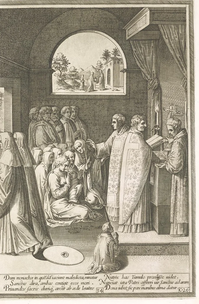 An illustration from Vita et miracvla sanctiss.mi patris Benedicti : ex libro ii dialogorum beati Gregorii papae et monachi collecta : et ad instantiam deuotorum monachorum congregationis eiusdem s.ti Benedicti Hispaniarum aeneis tÿpis accuratissimè delineata, 1579, leaf 70