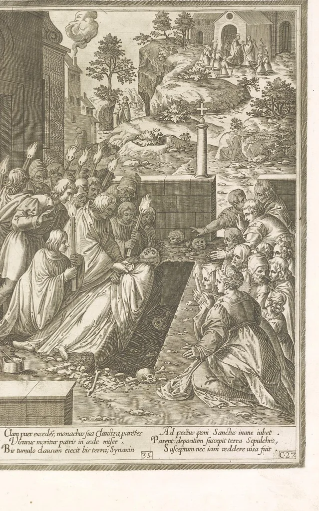 An illustration from Vita et miracvla sanctiss.mi patris Benedicti : ex libro ii dialogorum beati Gregorii papae et monachi collecta : et ad instantiam deuotorum monachorum congregationis eiusdem s.ti Benedicti Hispaniarum aeneis tÿpis accuratissimè delineata, 1579, leaf 72
