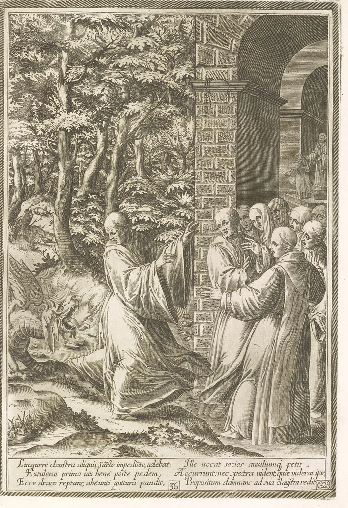 An illustration from Vita et miracvla sanctiss.mi patris Benedicti : ex libro ii dialogorum beati Gregorii papae et monachi collecta : et ad instantiam deuotorum monachorum congregationis eiusdem s.ti Benedicti Hispaniarum aeneis tÿpis accuratissimè delineata, 1579, leaf 74