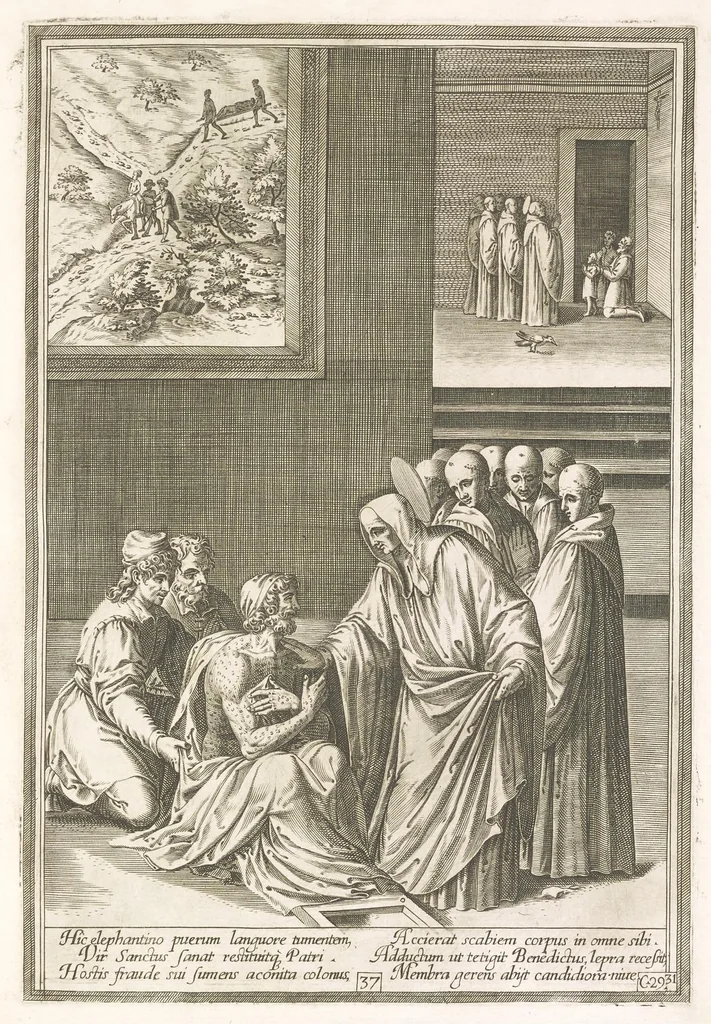 An illustration from Vita et miracvla sanctiss.mi patris Benedicti : ex libro ii dialogorum beati Gregorii papae et monachi collecta : et ad instantiam deuotorum monachorum congregationis eiusdem s.ti Benedicti Hispaniarum aeneis tÿpis accuratissimè delineata, 1579, leaf 76
