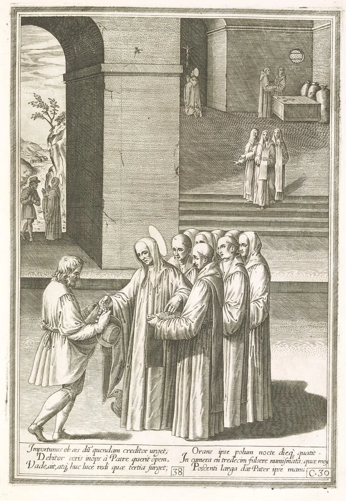 An illustration from Vita et miracvla sanctiss.mi patris Benedicti : ex libro ii dialogorum beati Gregorii papae et monachi collecta : et ad instantiam deuotorum monachorum congregationis eiusdem s.ti Benedicti Hispaniarum aeneis tÿpis accuratissimè delineata, 1579, leaf 78