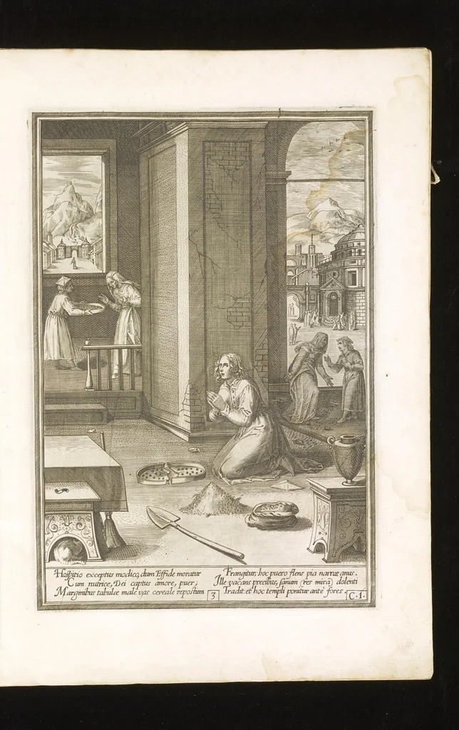 An illustration from Vita et miracvla sanctiss.mi patris Benedicti : ex libro ii dialogorum beati Gregorii papae et monachi collecta : et ad instantiam deuotorum monachorum congregationis eiusdem s.ti Benedicti Hispaniarum aeneis tÿpis accuratissimè delineata, 1579, leaf 8