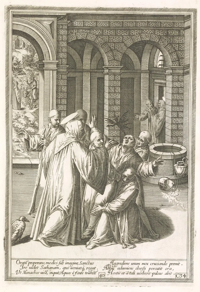 An illustration from Vita et miracvla sanctiss.mi patris Benedicti : ex libro ii dialogorum beati Gregorii papae et monachi collecta : et ad instantiam deuotorum monachorum congregationis eiusdem s.ti Benedicti Hispaniarum aeneis tÿpis accuratissimè delineata, 1579, leaf 82