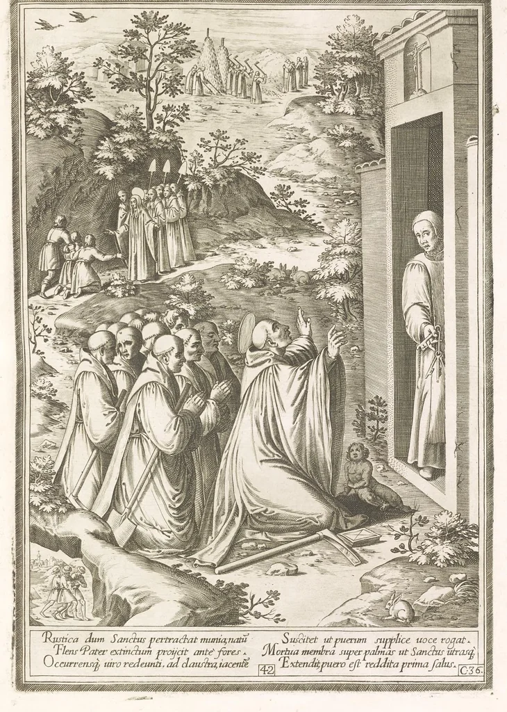 An illustration from Vita et miracvla sanctiss.mi patris Benedicti : ex libro ii dialogorum beati Gregorii papae et monachi collecta : et ad instantiam deuotorum monachorum congregationis eiusdem s.ti Benedicti Hispaniarum aeneis tÿpis accuratissimè delineata, 1579, leaf 86