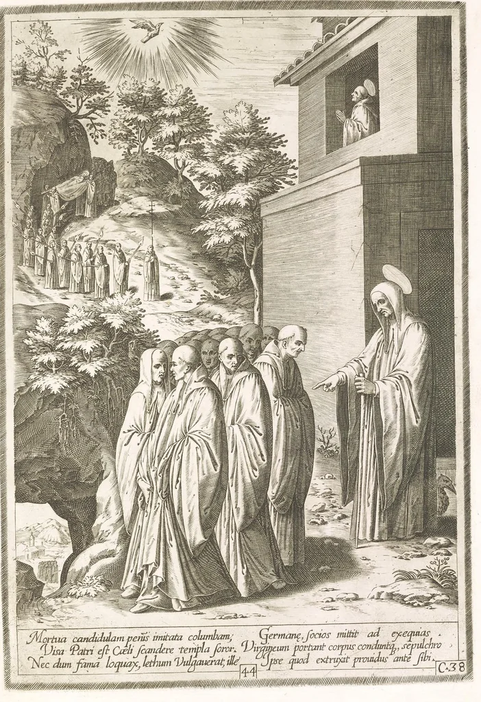An illustration from Vita et miracvla sanctiss.mi patris Benedicti : ex libro ii dialogorum beati Gregorii papae et monachi collecta : et ad instantiam deuotorum monachorum congregationis eiusdem s.ti Benedicti Hispaniarum aeneis tÿpis accuratissimè delineata, 1579, leaf 90