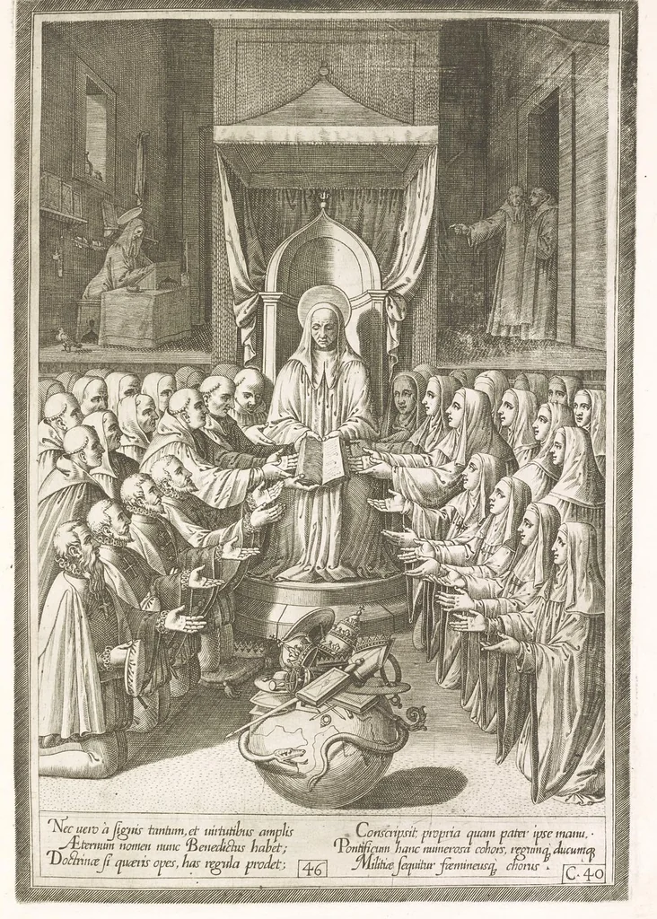 An illustration from Vita et miracvla sanctiss.mi patris Benedicti : ex libro ii dialogorum beati Gregorii papae et monachi collecta : et ad instantiam deuotorum monachorum congregationis eiusdem s.ti Benedicti Hispaniarum aeneis tÿpis accuratissimè delineata, 1579, leaf 94