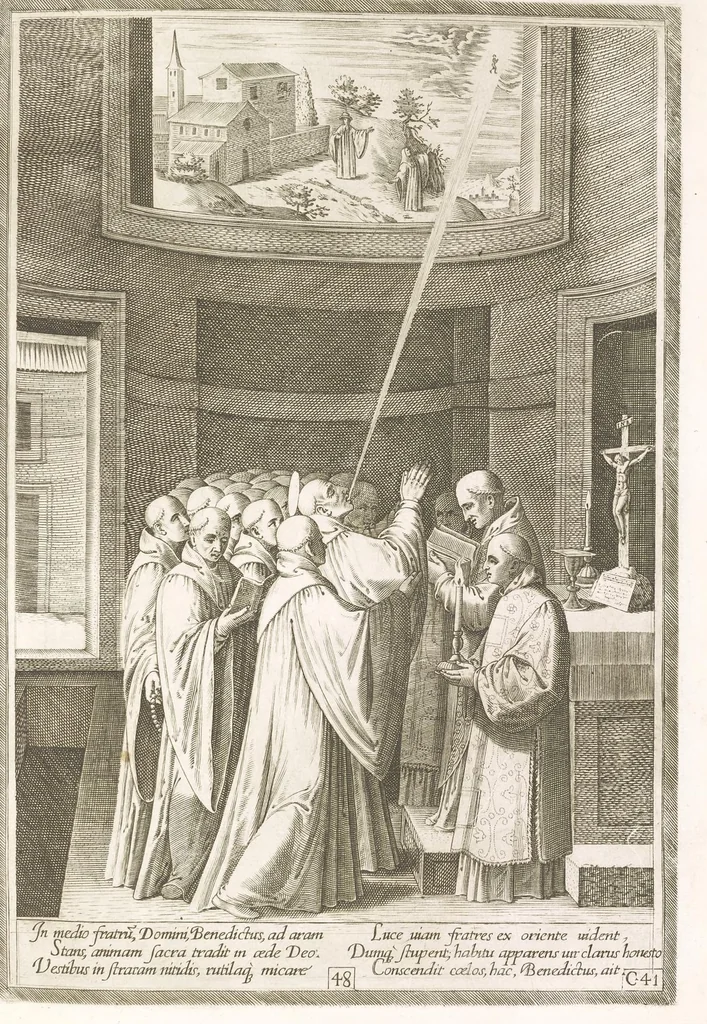 An illustration from Vita et miracvla sanctiss.mi patris Benedicti : ex libro ii dialogorum beati Gregorii papae et monachi collecta : et ad instantiam deuotorum monachorum congregationis eiusdem s.ti Benedicti Hispaniarum aeneis tÿpis accuratissimè delineata, 1579, leaf 98