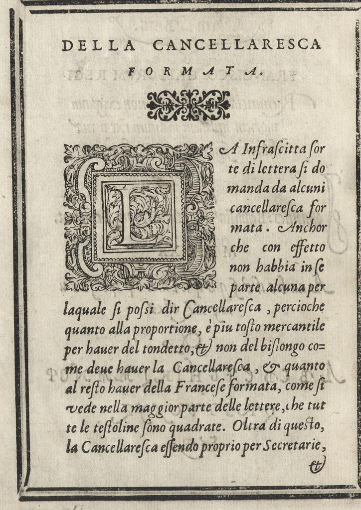 An illustration from Compendio del gran volvme de l'arte del bene et leggiadramente scrivere tvtte le sorti di lettere et caratteri : con le lor regole, misure, & essempi, 1578, leaf 53