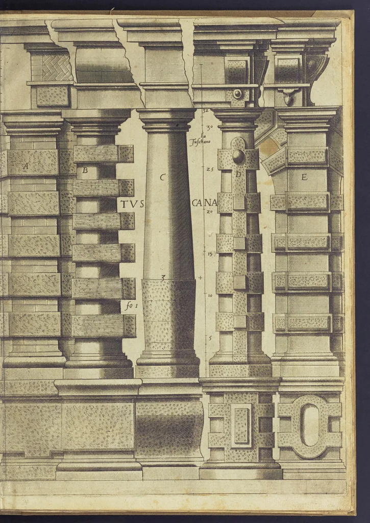 An illustration from Architectvra, oder, Bauung der Antiquen auss dem Vitruuius : woellches sein funff Collummen orden, daer auss mann alle Landts gebreuch vonn Bauuen zu accommodierē : dienstlich fur alle Bawmaystren Maurrer, Stainmetzlen, Schreineren, Bildtshneidren, vnd alle Liebhabernn der Architecturen, 1582, leaf 16