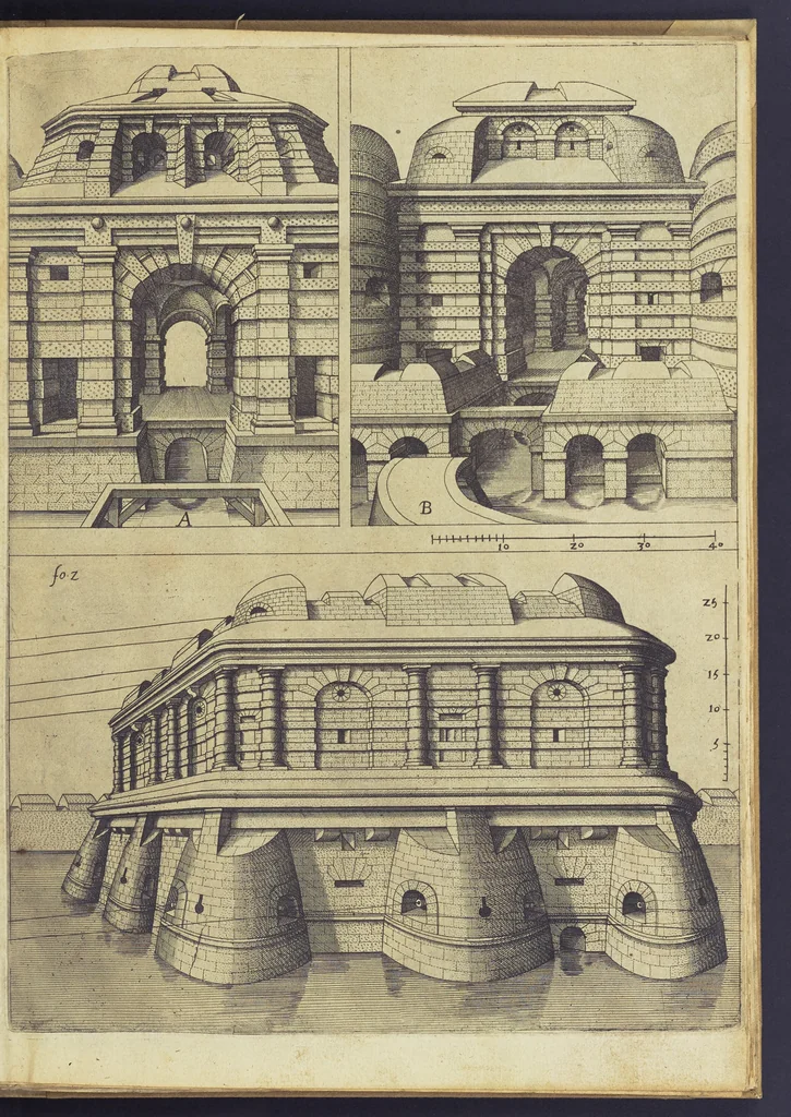 An illustration from Architectvra, oder, Bauung der Antiquen auss dem Vitruuius : woellches sein funff Collummen orden, daer auss mann alle Landts gebreuch vonn Bauuen zu accommodierē : dienstlich fur alle Bawmaystren Maurrer, Stainmetzlen, Schreineren, Bildtshneidren, vnd alle Liebhabernn der Architecturen, 1582, leaf 18