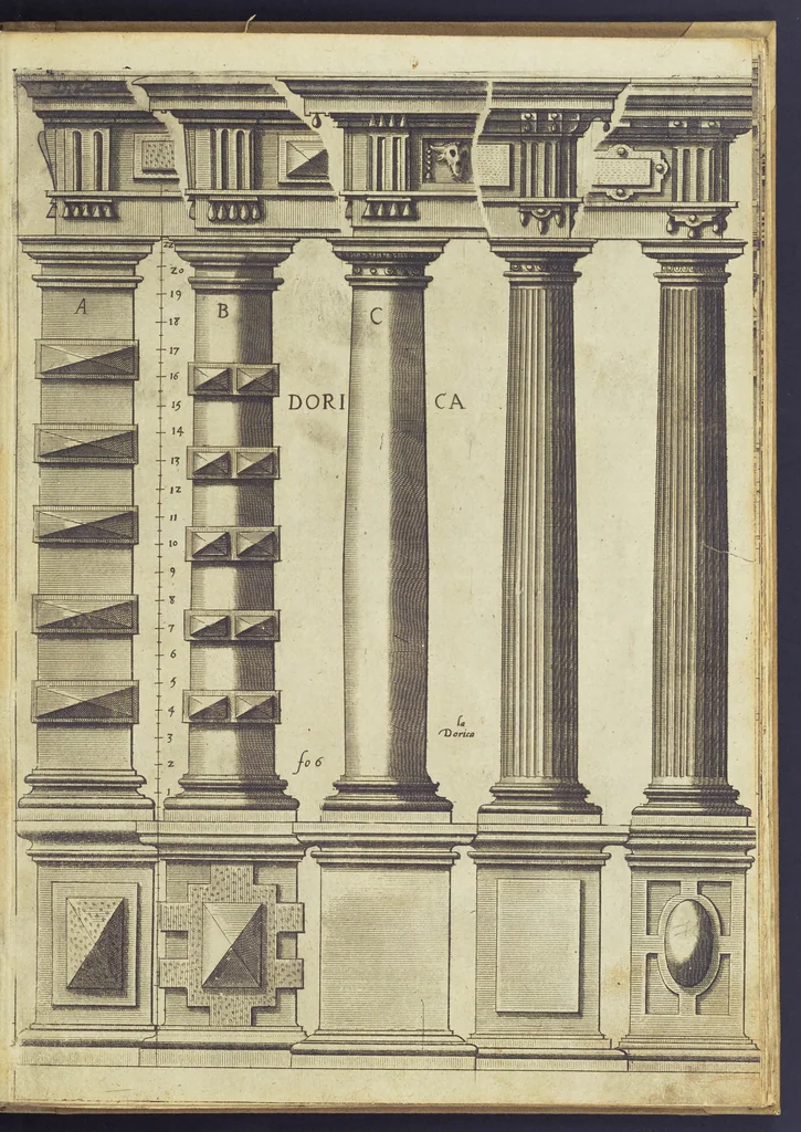 An illustration from Architectvra, oder, Bauung der Antiquen auss dem Vitruuius : woellches sein funff Collummen orden, daer auss mann alle Landts gebreuch vonn Bauuen zu accommodierē : dienstlich fur alle Bawmaystren Maurrer, Stainmetzlen, Schreineren, Bildtshneidren, vnd alle Liebhabernn der Architecturen, 1582, leaf 26