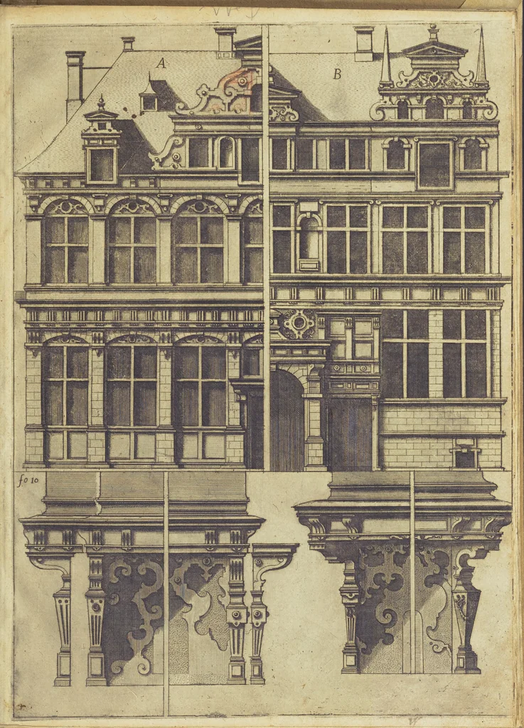 An illustration from Architectvra, oder, Bauung der Antiquen auss dem Vitruuius : woellches sein funff Collummen orden, daer auss mann alle Landts gebreuch vonn Bauuen zu accommodierē : dienstlich fur alle Bawmaystren Maurrer, Stainmetzlen, Schreineren, Bildtshneidren, vnd alle Liebhabernn der Architecturen, 1582, leaf 34