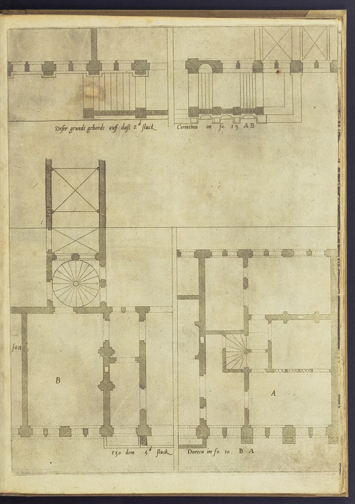 An illustration from Architectvra, oder, Bauung der Antiquen auss dem Vitruuius : woellches sein funff Collummen orden, daer auss mann alle Landts gebreuch vonn Bauuen zu accommodierē : dienstlich fur alle Bawmaystren Maurrer, Stainmetzlen, Schreineren, Bildtshneidren, vnd alle Liebhabernn der Architecturen, 1582, leaf 36