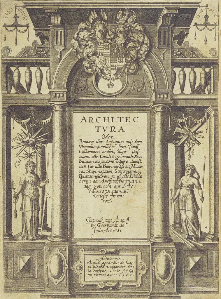 An illustration from Architectvra, oder, Bauung der Antiquen auss dem Vitruuius : woellches sein funff Collummen orden, daer auss mann alle Landts gebreuch vonn Bauuen zu accommodierē : dienstlich fur alle Bawmaystren Maurrer, Stainmetzlen, Schreineren, Bildtshneidren, vnd alle Liebhabernn der Architecturen, 1582, leaf 4