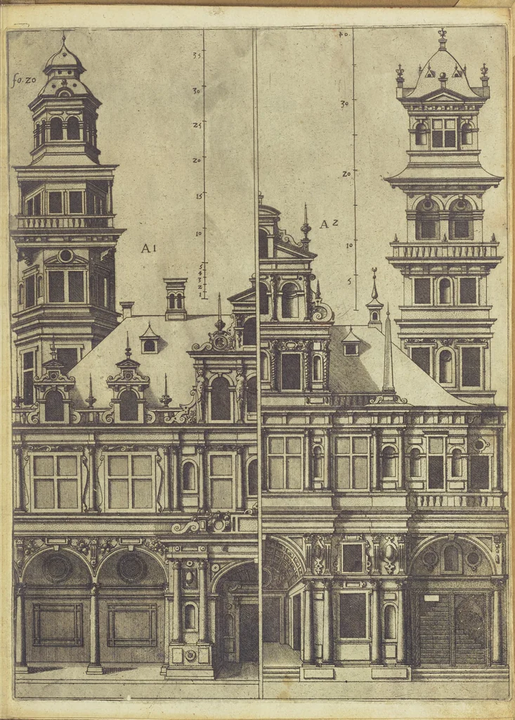An illustration from Architectvra, oder, Bauung der Antiquen auss dem Vitruuius : woellches sein funff Collummen orden, daer auss mann alle Landts gebreuch vonn Bauuen zu accommodierē : dienstlich fur alle Bawmaystren Maurrer, Stainmetzlen, Schreineren, Bildtshneidren, vnd alle Liebhabernn der Architecturen, 1582, leaf 54
