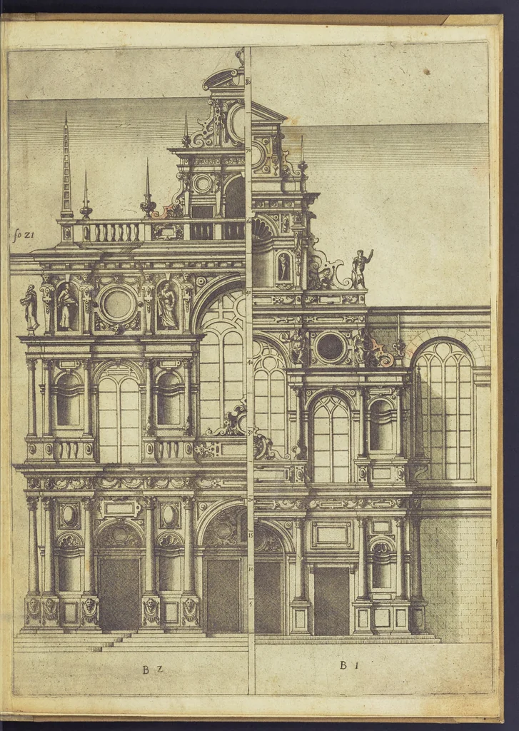 An illustration from Architectvra, oder, Bauung der Antiquen auss dem Vitruuius : woellches sein funff Collummen orden, daer auss mann alle Landts gebreuch vonn Bauuen zu accommodierē : dienstlich fur alle Bawmaystren Maurrer, Stainmetzlen, Schreineren, Bildtshneidren, vnd alle Liebhabernn der Architecturen, 1582, leaf 56