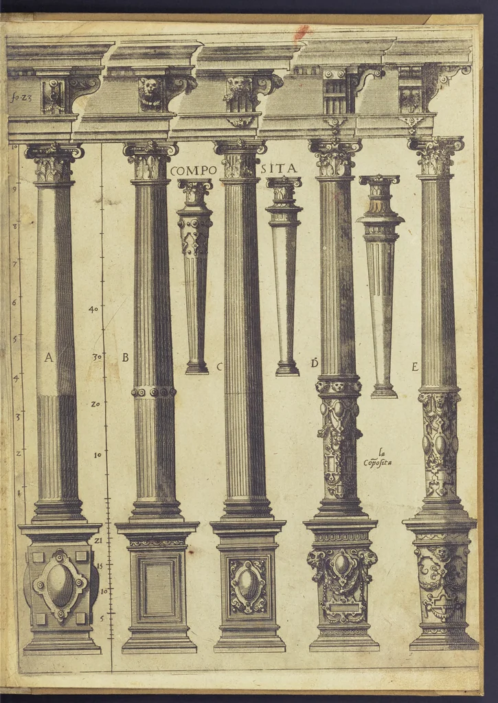 An illustration from Architectvra, oder, Bauung der Antiquen auss dem Vitruuius : woellches sein funff Collummen orden, daer auss mann alle Landts gebreuch vonn Bauuen zu accommodierē : dienstlich fur alle Bawmaystren Maurrer, Stainmetzlen, Schreineren, Bildtshneidren, vnd alle Liebhabernn der Architecturen, 1582, leaf 60