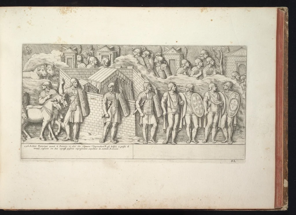 An illustration from Colonna Traiana eretta dal Senato e popolo romano all'imperatore Traiano Augusto nel suo foro in Roma. Scolpita con l'historie della guerra dacica la prima e la seconda espeditione, e vittoria contro il re Decebalo, 1672, leaf 116