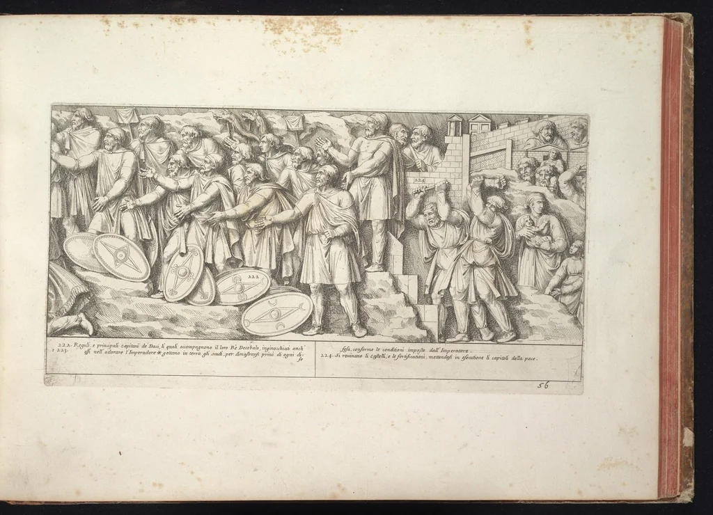 An illustration from Colonna Traiana eretta dal Senato e popolo romano all'imperatore Traiano Augusto nel suo foro in Roma. Scolpita con l'historie della guerra dacica la prima e la seconda espeditione, e vittoria contro il re Decebalo, 1672, leaf 144