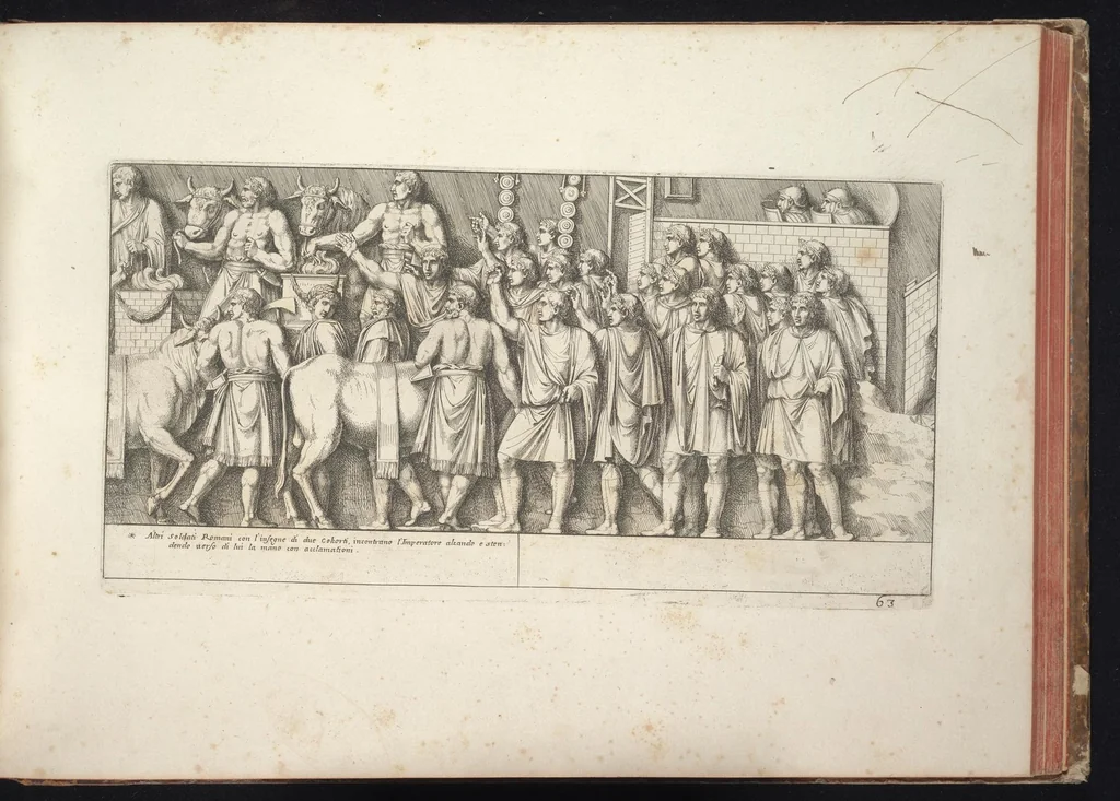 An illustration from Colonna Traiana eretta dal Senato e popolo romano all'imperatore Traiano Augusto nel suo foro in Roma. Scolpita con l'historie della guerra dacica la prima e la seconda espeditione, e vittoria contro il re Decebalo, 1672, leaf 158