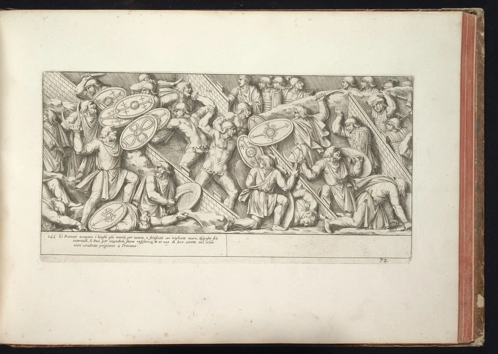 An illustration from Colonna Traiana eretta dal Senato e popolo romano all'imperatore Traiano Augusto nel suo foro in Roma. Scolpita con l'historie della guerra dacica la prima e la seconda espeditione, e vittoria contro il re Decebalo, 1672, leaf 176