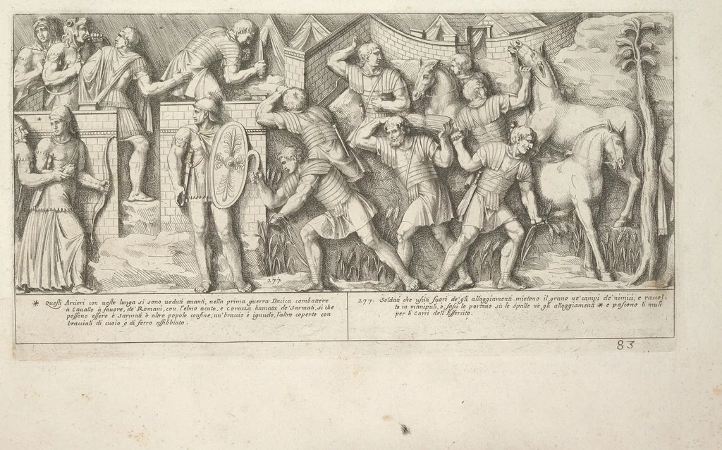 An illustration from Colonna Traiana eretta dal Senato e popolo romano all'imperatore Traiano Augusto nel suo foro in Roma. Scolpita con l'historie della guerra dacica la prima e la seconda espeditione, e vittoria contro il re Decebalo, 1672, leaf 198