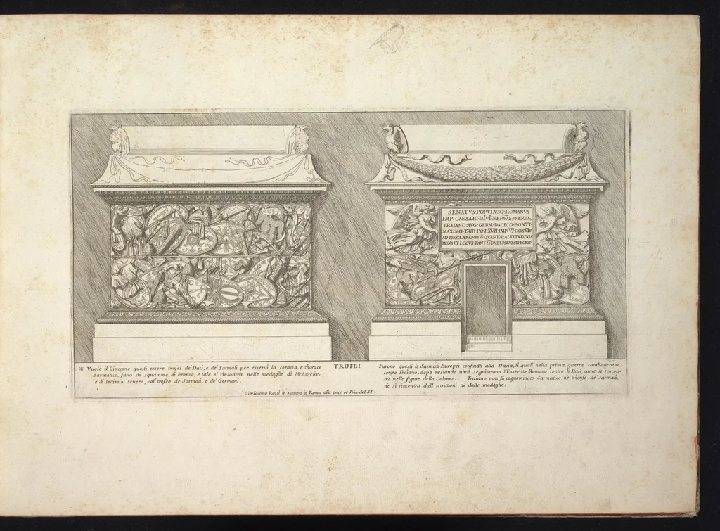 An illustration from Colonna Traiana eretta dal Senato e popolo romano all'imperatore Traiano Augusto nel suo foro in Roma. Scolpita con l'historie della guerra dacica la prima e la seconda espeditione, e vittoria contro il re Decebalo, 1672, leaf 20