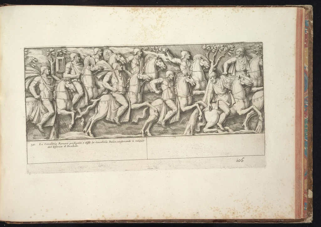 An illustration from Colonna Traiana eretta dal Senato e popolo romano all'imperatore Traiano Augusto nel suo foro in Roma. Scolpita con l'historie della guerra dacica la prima e la seconda espeditione, e vittoria contro il re Decebalo, 1672, leaf 244