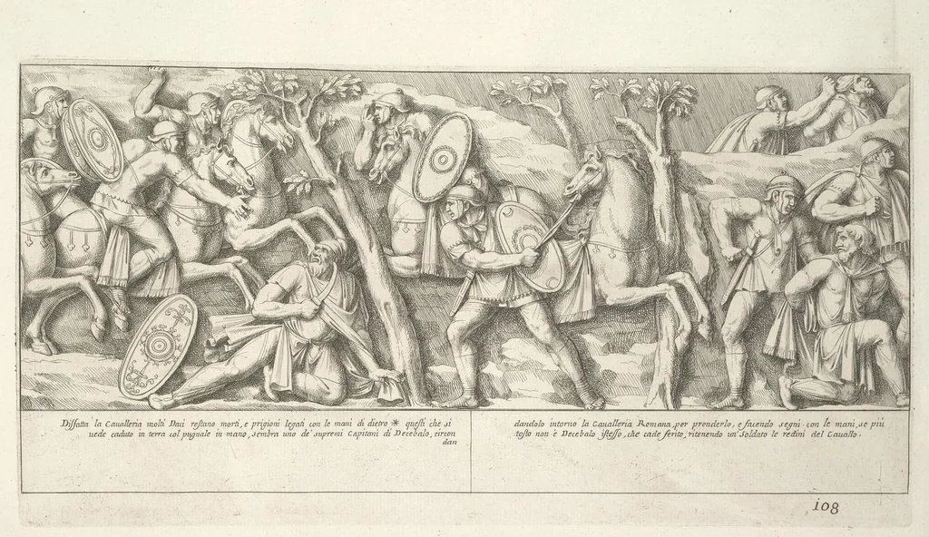 An illustration from Colonna Traiana eretta dal Senato e popolo romano all'imperatore Traiano Augusto nel suo foro in Roma. Scolpita con l'historie della guerra dacica la prima e la seconda espeditione, e vittoria contro il re Decebalo, 1672, leaf 248
