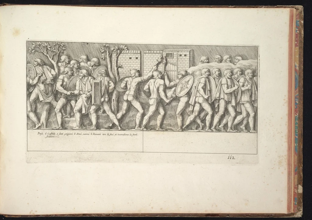 An illustration from Colonna Traiana eretta dal Senato e popolo romano all'imperatore Traiano Augusto nel suo foro in Roma. Scolpita con l'historie della guerra dacica la prima e la seconda espeditione, e vittoria contro il re Decebalo, 1672, leaf 256