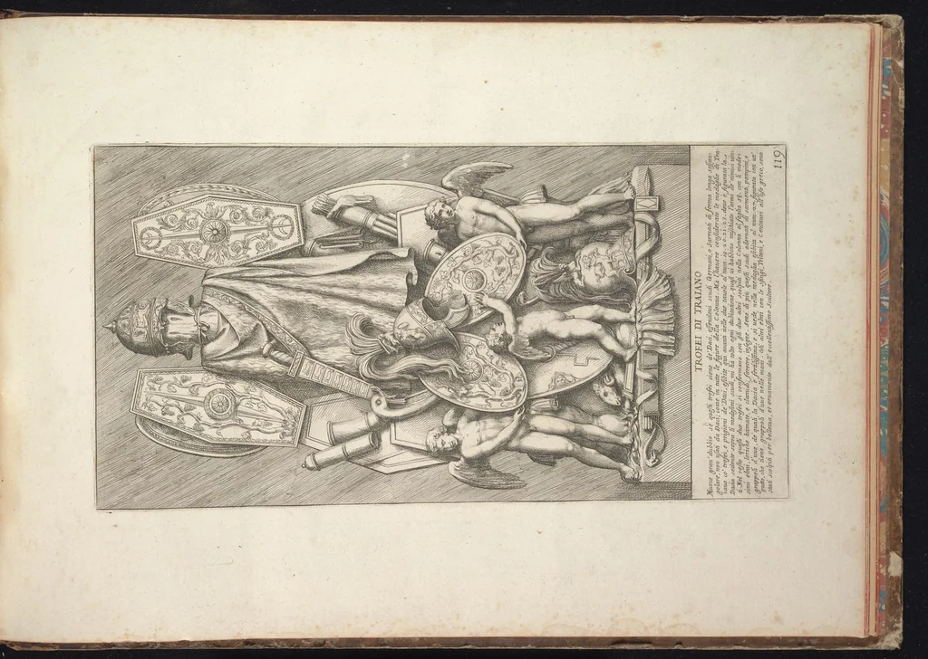 An illustration from Colonna Traiana eretta dal Senato e popolo romano all'imperatore Traiano Augusto nel suo foro in Roma. Scolpita con l'historie della guerra dacica la prima e la seconda espeditione, e vittoria contro il re Decebalo, 1672, leaf 270