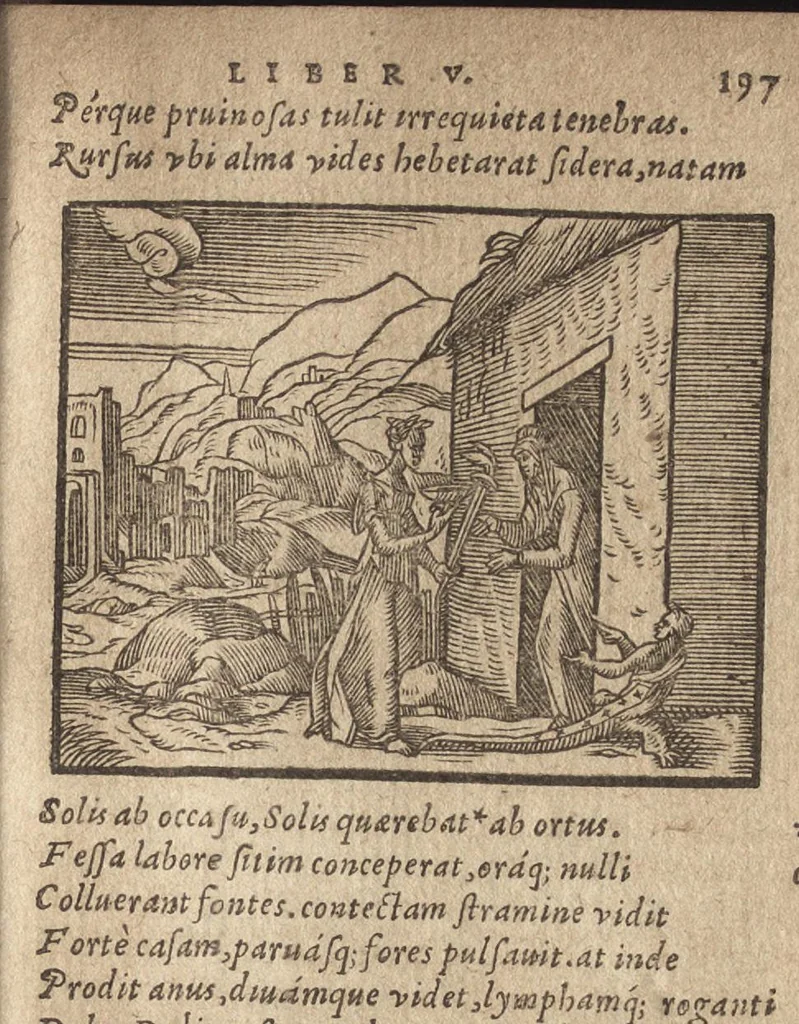 An illustration from Pvb. Ovidii Nasonis Metamorphoseon libri XV : post omnes omnium editiones emendati, & recens cum scholiis in margine, ac breuissimis in singulas quasque fabulas argumentis illustrati, tum artificiosis picturis : in gratiam studiosae iuuentutis, nunc primum editis : cum indice fabularum copiosissimo, 1583, leaf 200
